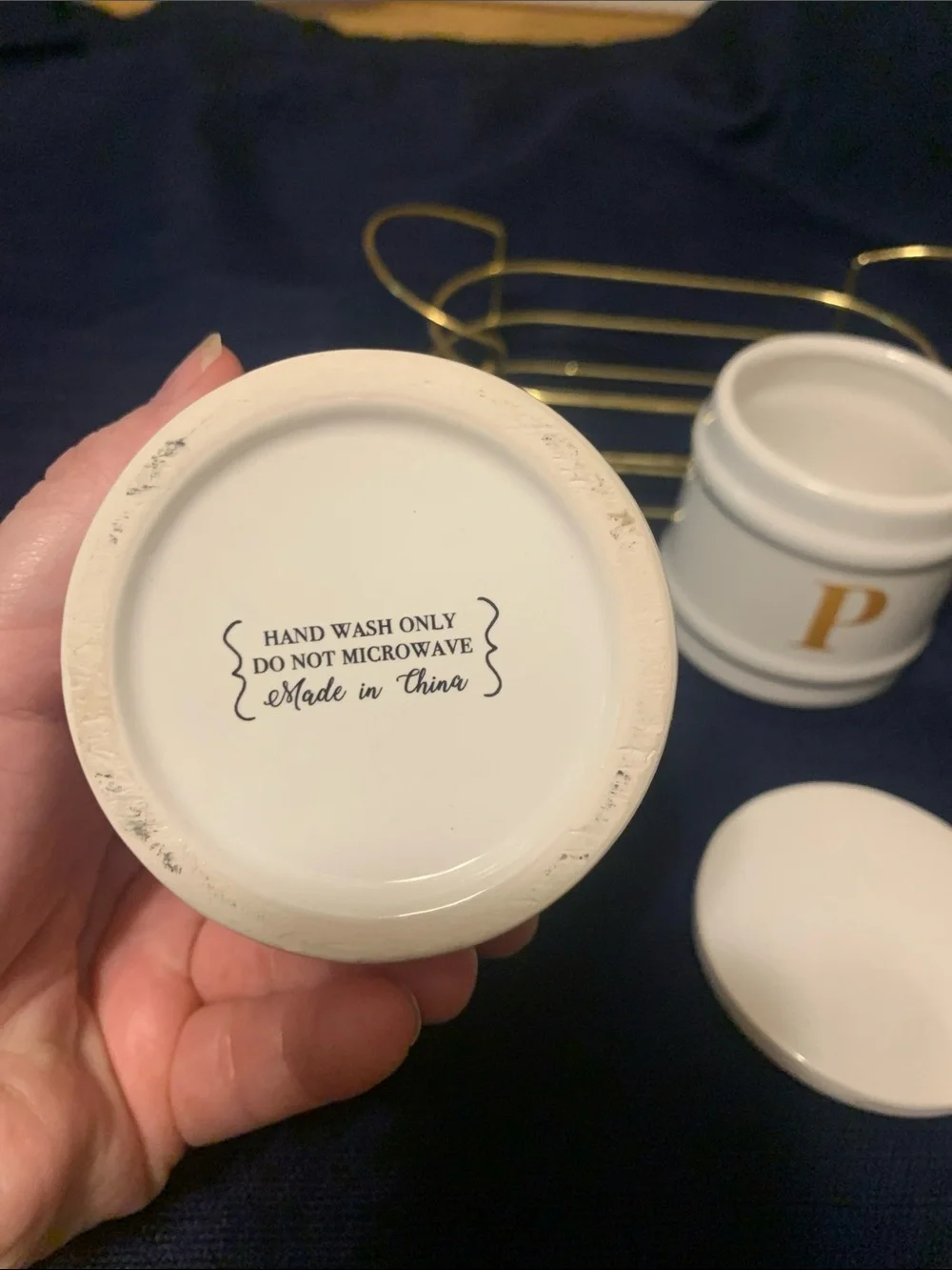 Source Unknown White Ceramic S & P Jars with Gold Wire Carrier